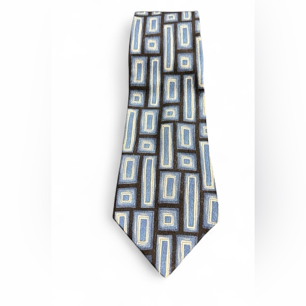 Geometric Patterned Tie by L’Homme 100% silk in Blue